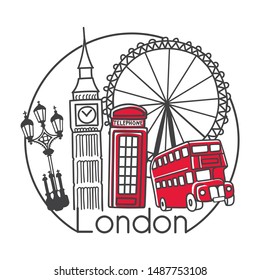 Vector illustration London, Great Britain in modern minimalist line style. Hand drawn doodle outline objects in circle frame. Big ben, street lamp, telephone box, double decker bus, observation wheel