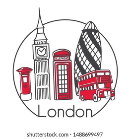 Vector illustration London, Great Britain in modern minimalist line style. Hand drawn doodle outline objects in circle frame. Big ben, telephone box, double decker bus, post box, famous skyscrapper.