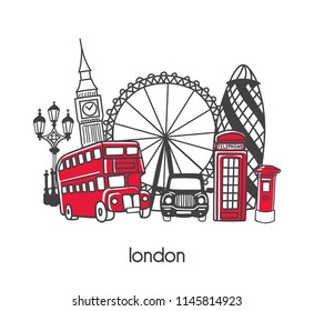 Vector illustration London with hand drawn cartoon doodle british symbols. Set of line elements for banner, card, poster, leaflet design. Simple minimalistic style with black outline and red elements.