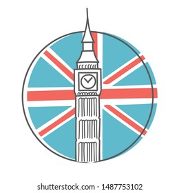 Vector illustration London. Hand drawn Big Ben and the national flag of Great Britain in the circle frame in modern minimalist line style. Doodle object isolated on white. Card, emblem, badge design.