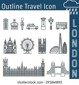 Vector Illustration of London Icon Outline for Design, Website, Background, Banner. Travel Britain Logo Landmark Silhouette  Element Template for Tourism Flyer. Big Ben, Eye,  church, Post, car, bus