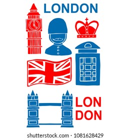 Vector Illustration of London Landmark, Soldier, Flag, Crown. Flat Line Icon, Sign, Symbol, Graphic Design Outline Silhouette EPS10.