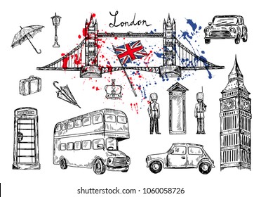 Vector Illustration. London Landmarks. London City Elements Collection. Hand Drawn Set With Bridge, Big Ben, Red Bus, Cars, Royal Guards, Cab, Streetlight, Suitcase And Umbrella. UK Flag.