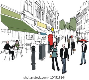 Vector illustration of London outdoor shopping mall and pedestrians