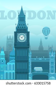 Vector illustration of London. Postcard London. Sights of Britain. Poster with of the English landmark Big Ben. Background for invitation, card, banner, cover, postcard, flyer.