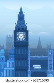 Vector illustration of London. Postcard London. Sights of Britain. Poster with of the English landmark Big Ben. Background for invitation, card, banner, cover, postcard, flyer.