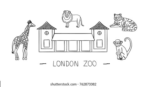 Vector illustration of London sights. London city symbol isolated on white background. London zoo in hand-drawn style. Cartoon giraffe, tiger, lion, monkey. Black and white animals. 