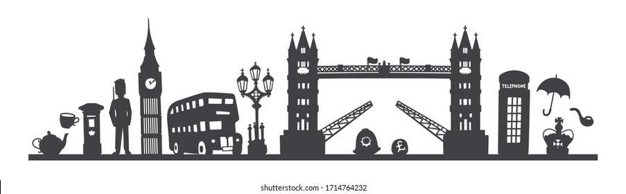 Vector illustration London skyline. Famous English symbols and attractions. Black silhouette of the city. Horizontal panoramic scene of the UK capital. 