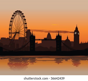 Vector illustration of London skyline at sunset with reflection on the Thames
