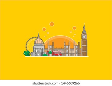Vector illustration of London street with famous tourist's attractions.