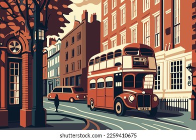 Vector illustration of london streets with classic london bus and pastel colors