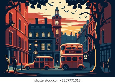 Vector illustration of london streets with classic london bus and pastel colors