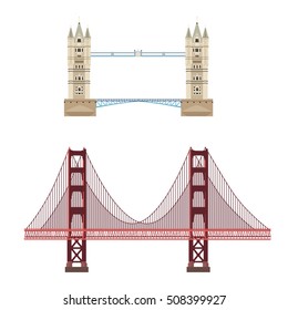 Vector illustration London tower bridge icon. United Kingdom landmark. San Francisco Golden Gate bridge. United State of America landmark
