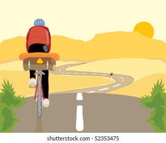 vector illustration of a lone cyclist cycling along a deserted road towards the sun setting over distant hills