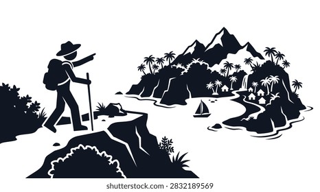 A vector illustration of a lone hiker with a backpack and walking stick pointing towards a tropical landscape with mountains and trees