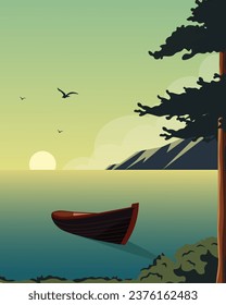 Vector illustration. Lonely boat, river, forest. Canada. Travel poster, cover design, packaging design. Vertical banner.