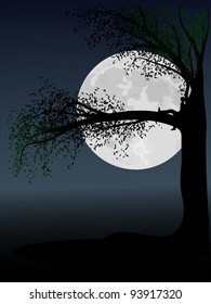 Vector illustration of lonely child on tree against the moon.