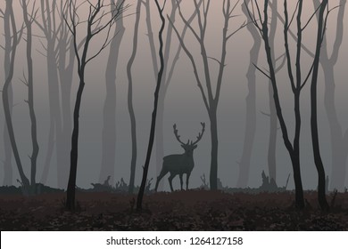 Vector illustration of a lonely deer in a misty forest among silhouettes of leafless trees