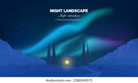 Vector illustration. A lonely house in the mountains. Northern lights, aurora. Night landscape. Northern landscape.