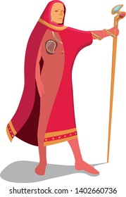 Vector illustration of lonely mage wtih staff attached to his heart with two tubes. He is looking forward for adventures. 