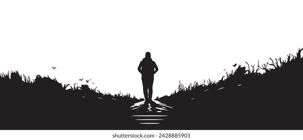 Vector illustration of A lonely man walking into the forest , Black and white concept