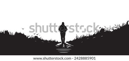 Vector illustration of A lonely man walking into the forest , Black and white concept