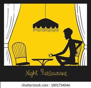 Vector Illustration with a Lonely Man in the Window of a Night Restaurant