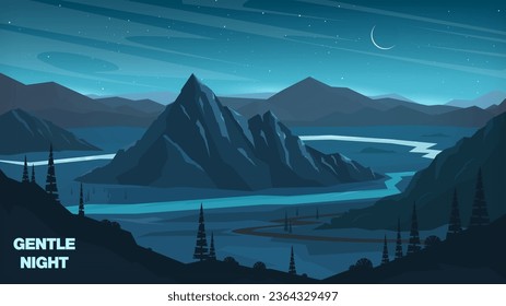 Vector illustration. Lonely mountain. New moon. The moonlight is reflected in the water of the rivers. Starry night sky. Wild nature around the meager track. Rocks in the dark.