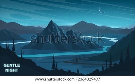 Vector illustration. Lonely mountain. New moon. The moonlight is reflected in the water of the rivers. Starry night sky. Wild nature around the meager track. Rocks in the dark.