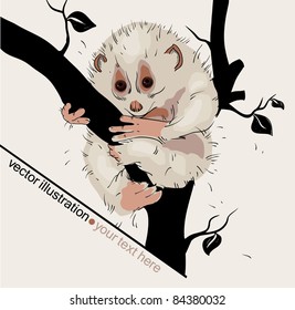 vector illustration of a lonely sad loris sitting on a black tree