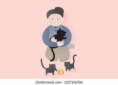 A vector illustration of lonely senior woman hugging her cat and looking at two kitten.