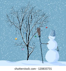 Vector illustration of lonely snowman near tree in snow with Christmas balls under snowfall.