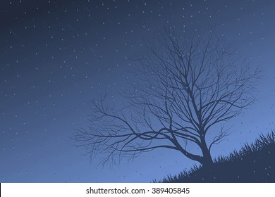 Vector illustration. Lonely tree, bare branches, without leaves, standing under the rain drops fall.