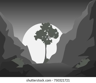 vector illustration of lonely tree between rock and full moon, nature landscape