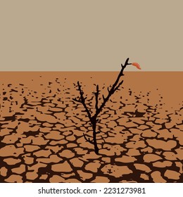 vector illustration of a lonely tree in dry desert land. soil damage from drought. warming of dry land illustration 