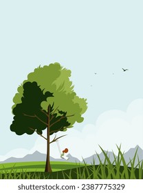 Vector illustration. Lonely tree, loneliness, girl. Psychology. Cover, poster, web banner. Cartoon style, flat design.