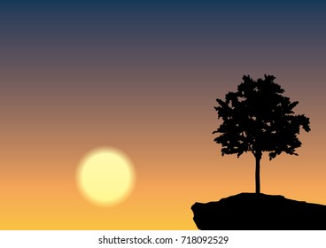 vector illustration of lonely tree on the cliff and sunset sky. nature landscape,sun and hill