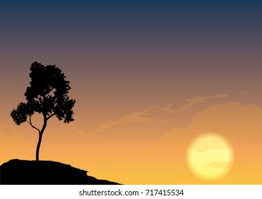 vector  illustration of lonely tree and sunset sky. nature landscape