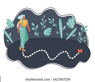 Vector illustration of Lonely woman walking alone on route. Location map. Dark background.