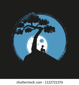 Vector illustration with lonely young man silhouette sitting on the hill, white moon, blue sky and black tree