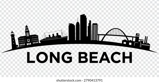 Vector illustration of Long Beach city skyline silhouette, featuring iconic landmarks, buildings, and the Queen Mary ship, isolated on white background.
