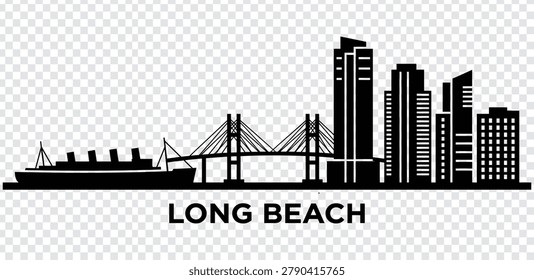 Vector illustration of the Long Beach city skyline, featuring the Queen Mary ship, the Gerald Desmond Bridge, and modern skyscrapers in a minimalist style.