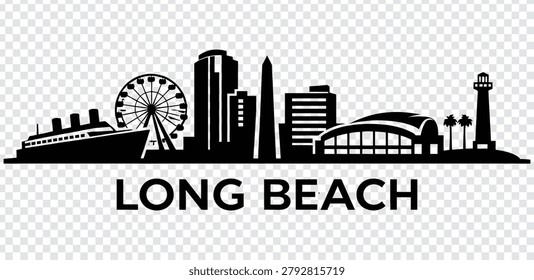 Vector illustration of the Long Beach city skyline, featuring iconic landmarks like the Queen Mary, ferris wheel, and lighthouse, isolated on white.