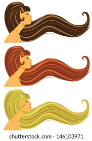Vector illustration of long brown, blond and red  hair