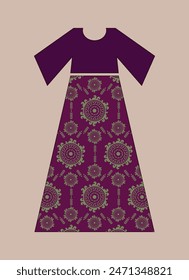 Vector illustration of Long ethnic frock maxi prom dress details for various occasions and events,lady fashion party frock silhouette of casual summer lawn dress, mandala pattern frock print for lady