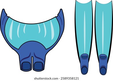 Vector illustration of a long fin and Mono fin for freediving, spearfishing, and scuba diving. Detailed and isolated on white background.