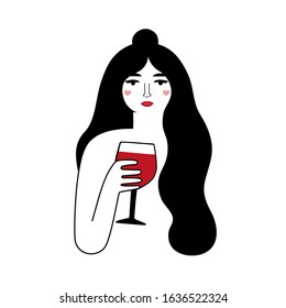 Vector illustration with long hair and red lips woman holding glass of red wine. Abstract print design, decoretion poster template