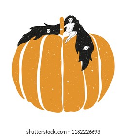 Vector illustration with long hair woman on the big orange pumpkin.