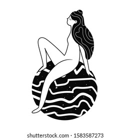 Vector illustration with long hair woman sitting on circle. Black and white abstract home decoration poster, apparel print design