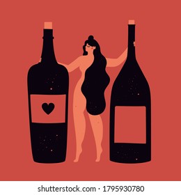 Vector illustration with long hair woman and black bottles of red wine. Trendy print design, bar wall decoration poster